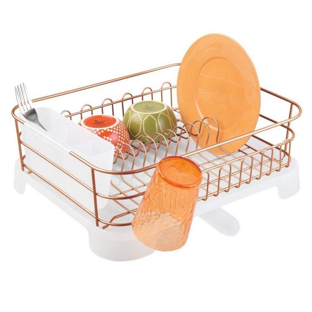 mDesign Large Kitchen Countertop, Sink Dish Drying Rack with Removable Cutlery Tray and Drainboard with Adjustable Swivel Spout - 3 Pieces, Copper Wire/Clear Plastic Cutlery Caddy and Drainboard
