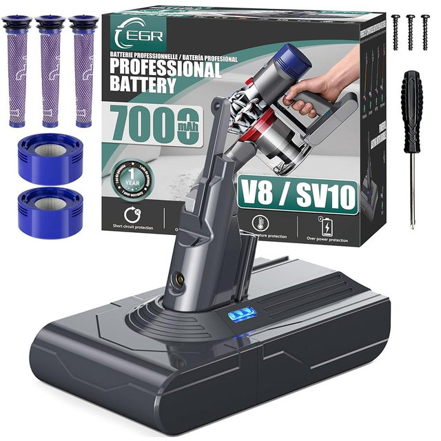 EGR Upgraded 7000mAh V8 Battery Replacement Compatible with V8 Battery Replacement V8 Absolute V8 Motorhead V8 Fluffy SV10 Carbon Fiber Vacuum Cleaner 5 Filters and 3 Screws Included