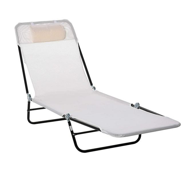 Outsunny Portable Sun Lounger, Lightweight Folding Chaise Lounge Chair w/Adjustable Backrest & Pillow for Beach, Poolside and Patio, White & Black