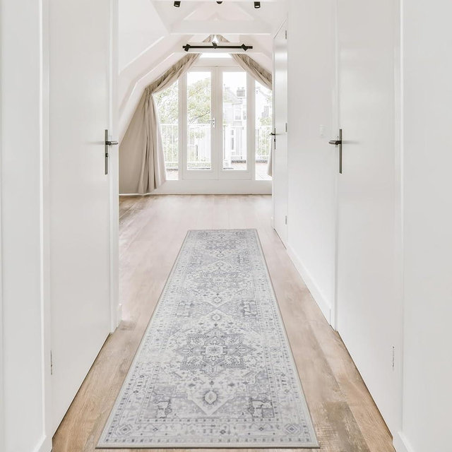 Srugn Kitchen Runner Rug Non Slip Rug Runners for Hallways- 2x8 Soft Faux Wool Washable Hallway Runner Rugs for Bedroom and Laundry Room,Grey Vintage Throw Rugs for Entryway Indoor Grey Carpet Runner