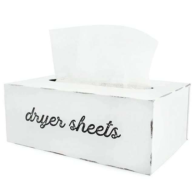AuldHome Dryer Sheet Dispenser; Countertop Rustic White Fabric Softener Sheet Holder for Laundry Room