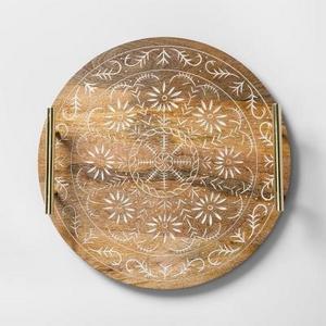 Round Mango Wood Embellished Serving Tray with Handles 14" Brown/Gold - Opalhouse™