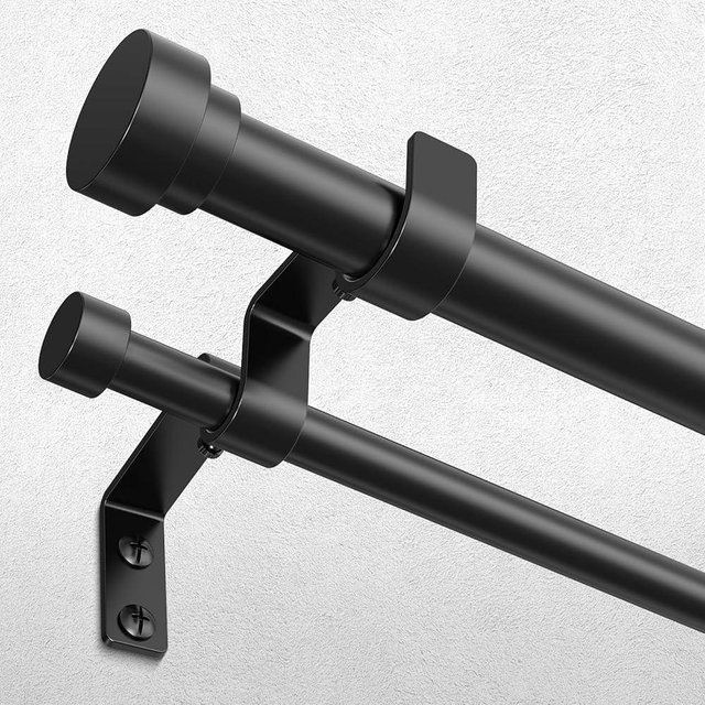 Double Curtain Rod, 1 Inch Black Extra Long Dual Curtain Rods 72 to 144 Inch with Aluminium Modern End Cap Finial, Adjustable Heavy Duty Window Treatment Rods, Telescopic Metal Double Drapery Pole Set