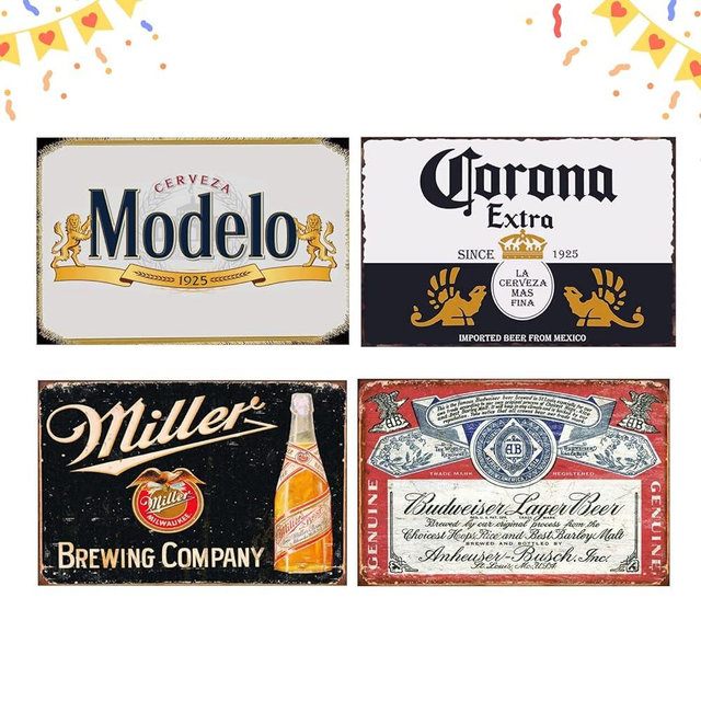 Vintage Beer Signs Collection - 4 Piece Bundle for Bar & Home Decor, 8x12 Inch Retro Metal Bar Signs - Ideal for Farmhouse, Garage, Home Bar Settings