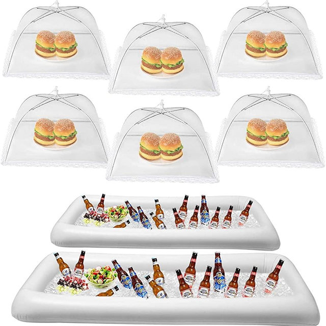 HBlife Inflatable Serving Bar & Food Umbrella Mesh Cover Screen Tent set, Party Supplies Set for Picnics Pool Bar Party Accessories, 2 Inflatable Bar, 6 Food Cover Tent (White)