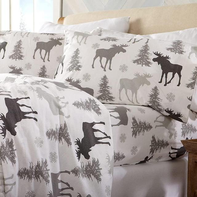 100% Turkish Cotton King Lodge Holiday Flannel Sheet Set | Deep Pocket, Soft Sheets | Warm, Double Brushed Bed Sheets | Anti-Pill Flannel Sheets by Great Bay Home (King, Moose)