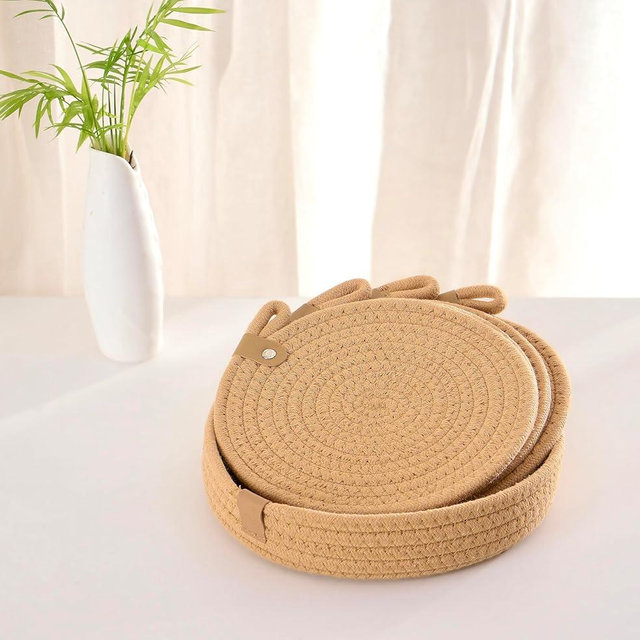 Boho Trivets Set of 4: Heat Resistant Hot Pads for Kitchen, Trivets for Hot Dishes, Hot Pots and Pans, Kitchen Countertop Protection, Table Essentials (Light Brown, 8-inch with Holder)