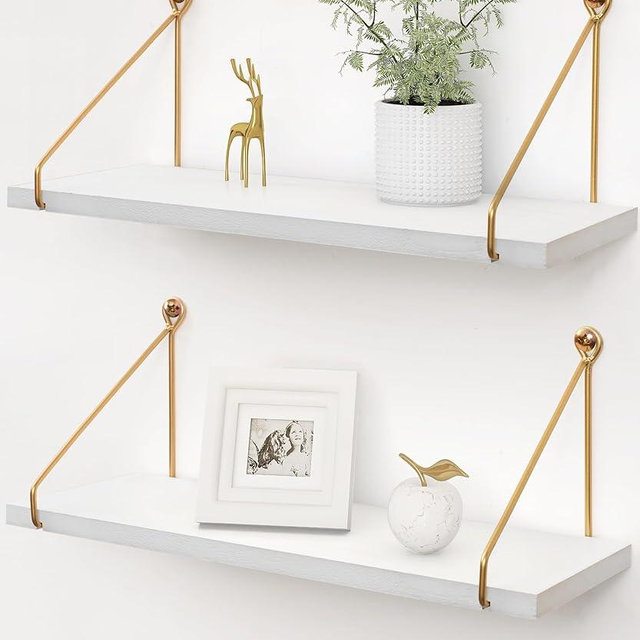 Afuly Floating Shelves Wall Shelves, Metallic Gold White Wall Mounted Shelves, Wall Hanging Storage for Bathroom Kitchen Bedroom, Wood Metal Chic Wall Bookshelf, Set of 2