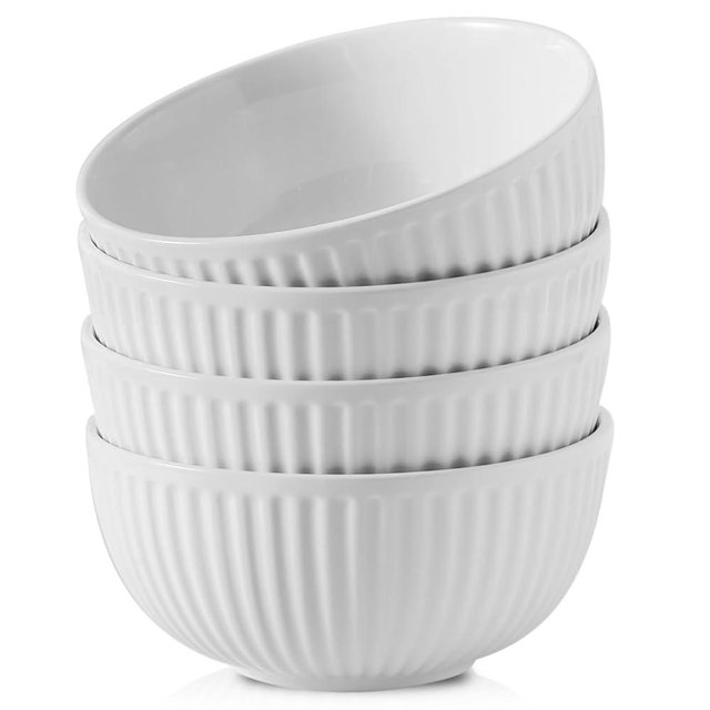 Hasense Large Serving Bowls 7 Inch - 42 Oz White Ceramic Salad Bowl Set of 4 for Kitchen,Modern Ribbed Porcelain Dishes for Entertaining,Soup,Pho,Pasta,Cereal, Noodle - Dishwasher & Microwave Safe