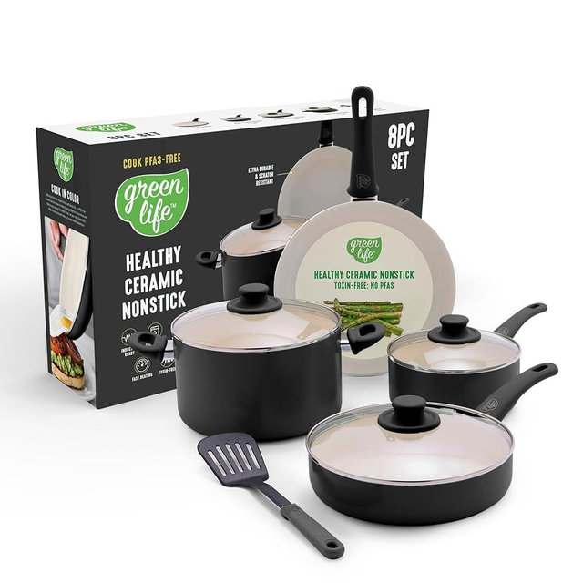 GreenLife 8 Piece Nonstick Cookware Set, Non-Toxic PFAS-Free Ceramic Pots & Pans, Dishwasher & Oven Safe, Frying, Sauce, Stock Pot, Glass Lids, Stay-Cool Handles, Wobble Free, Black