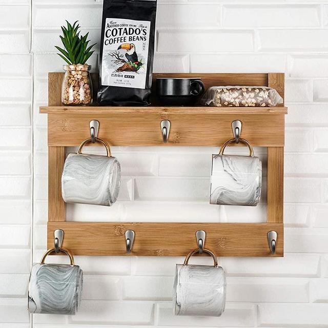 Wall Mounted Cup Rack with Shelf,Coffee Mug Holder Wood Bamboo Cup Organizer with 7 Hooks