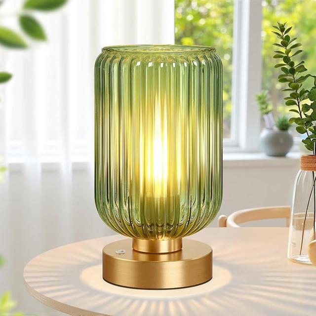 Modern Table Lamp for Bedroom, Cordless Dimmable Small Lamp and Rechargeable Battery Operated with Green Glass Shade Touch Lamps for Night Stands Living Room, Bulb Included