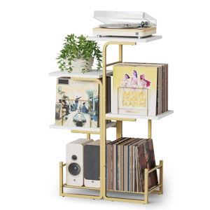 Bikoney Planter-Inspired Record Player Stand with Large Vinyl Storage, Vintage Turntable Table Cabinet with LP Holder Shelf, Record Display Organizer for Albums, Living Room, Bedroom & Small Spaces Gold