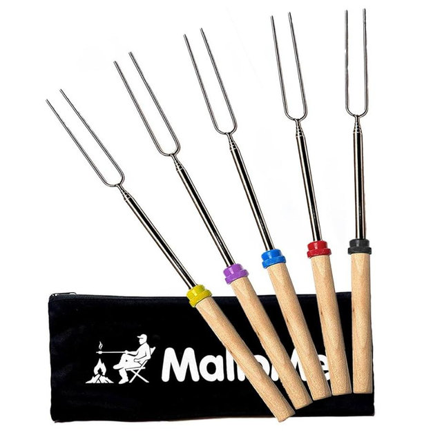 MalloMe Smores Sticks for Fire Pit Long - Marshmallow Roasting Sticks Smores Kit - Smore Skewers Hot Dog Fork Campfire Cooking Equipment, Camping Essentials S'mores Gear Outdoor Accessories 32" 5 Pack