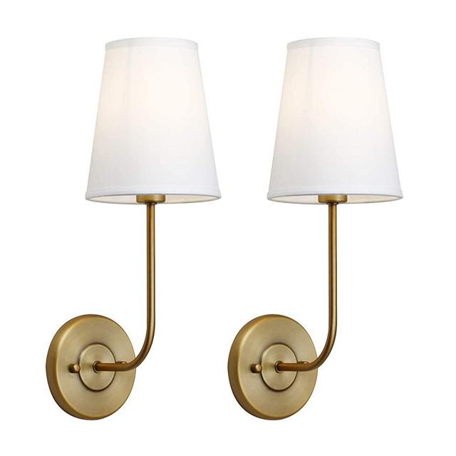 Pathson 2-Pack Industrial Wall Sconce with White Fabric Lamp Shade, 1-Light Vintage Indoor Wall Light Fixtures Suitable for Bedroom Living Room, Antique Brass Finish (Antique)