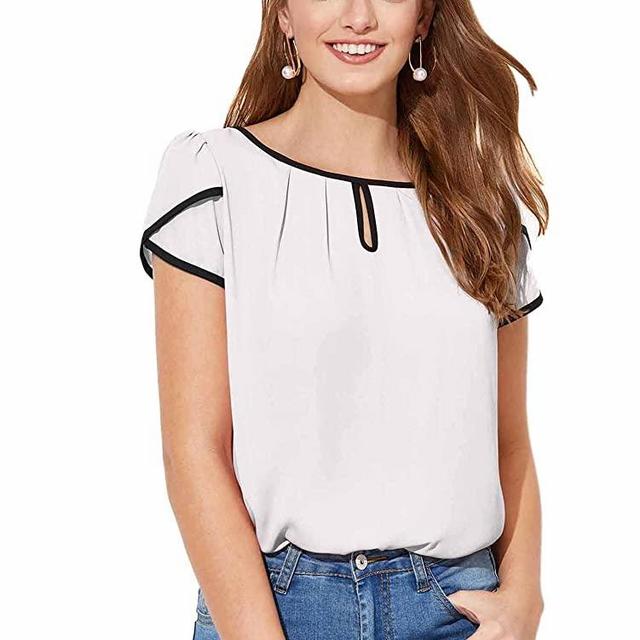 Milumia Women's Casual Pleated Petal Cap Sleeve Round Neck Keyhole Blouse Top