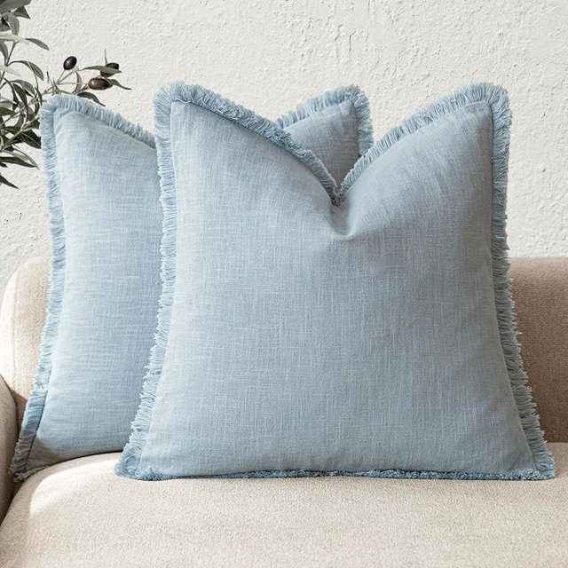 Foindtower Set of 2 Decorative Linen Fringe Throw Pillow Covers Boho Farmhouse Cushion Cover with Tassels Soft Accent Pillowcase for Couch Chair Sofa Bed Living Room Home Decor,18×18 Inch,Sky Blue