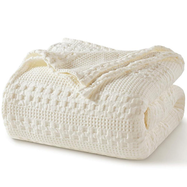 PHF 100% Cotton Waffle Weave Blanket Queen Size, Soft Lightweight Breathable Cozy Summer Blankets for Bed, Luxury Aesthetic Woven Bedding for Home Decor, 90"x90", Ivory