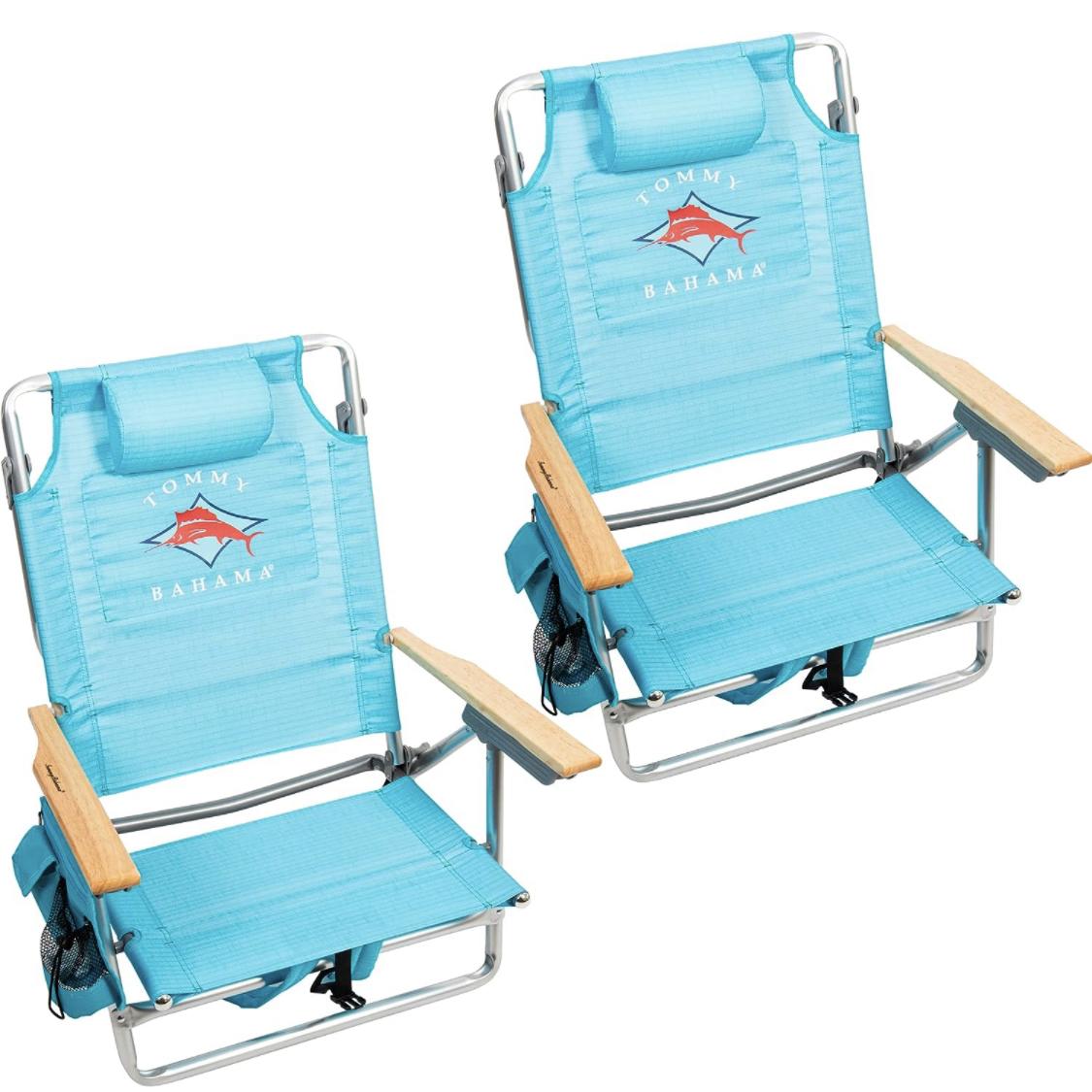 Tommy Bahama Set of 2 5-Position Classic Lay Flat Backpack Beach Chairs with Cooler, Storage Pouch and Towel Bar, Light Blue