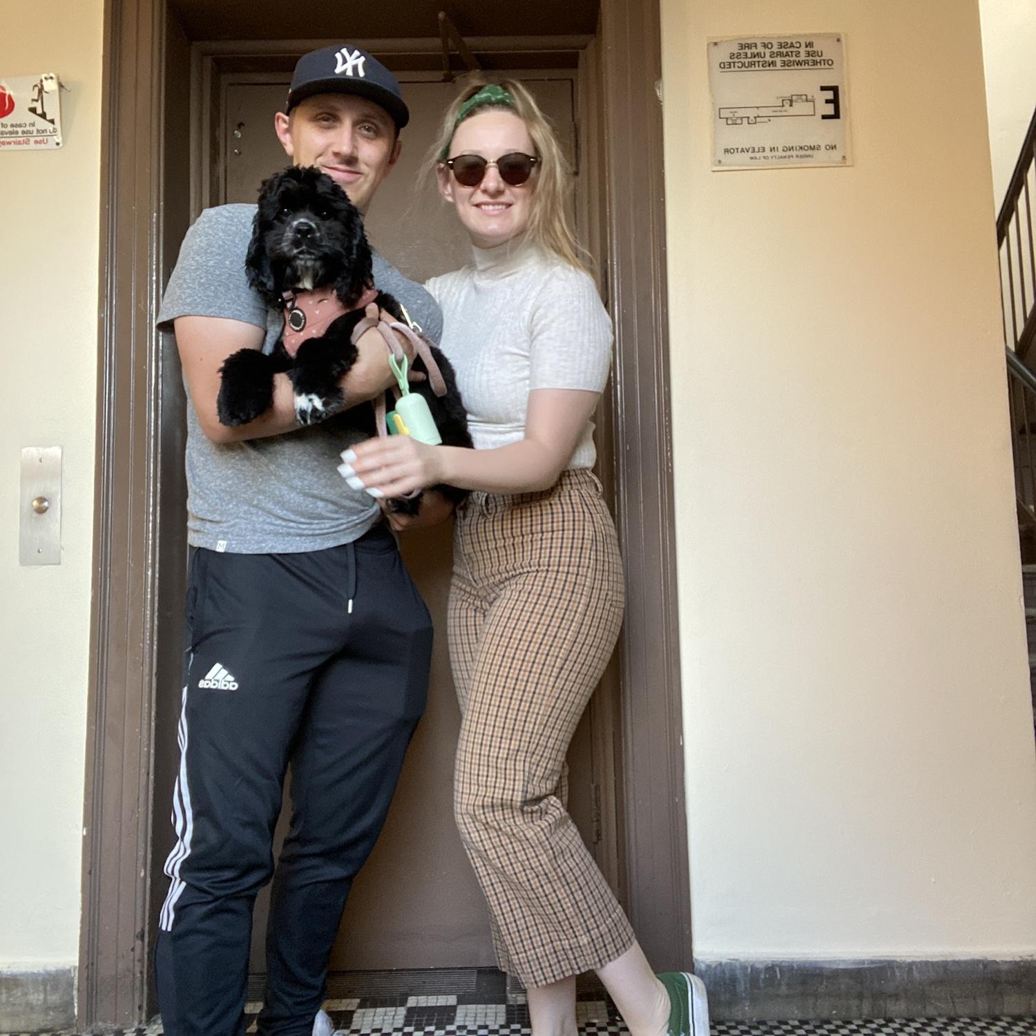 Waiting for the elevator in our building with our Stella pup!