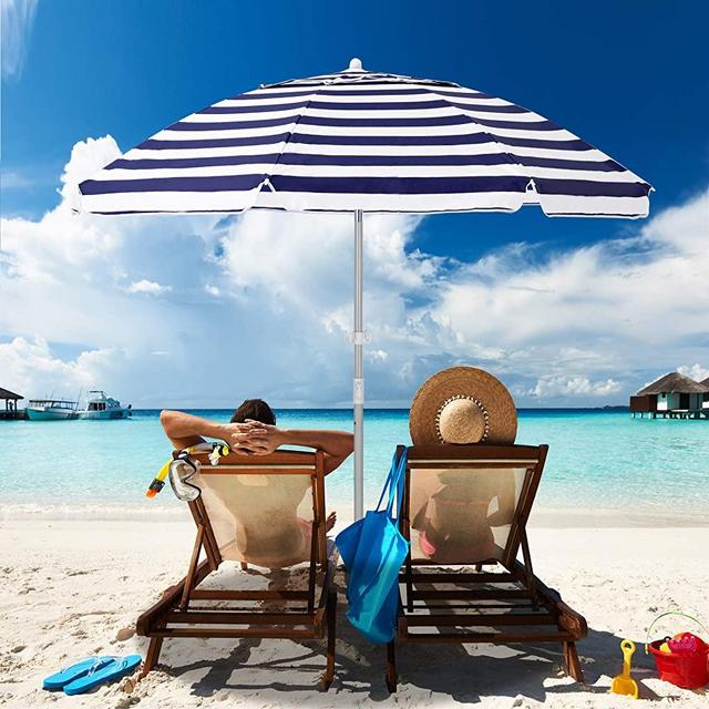 MEWAY 7.5ft Beach Umbrella with Sand Anchor & Tilt Mechanism, Portable UV 51+ Protection，Outdoor Sunshade Umbrella with Carry Bag，for Garden Beach Outdoor (Navy-White Stripe)