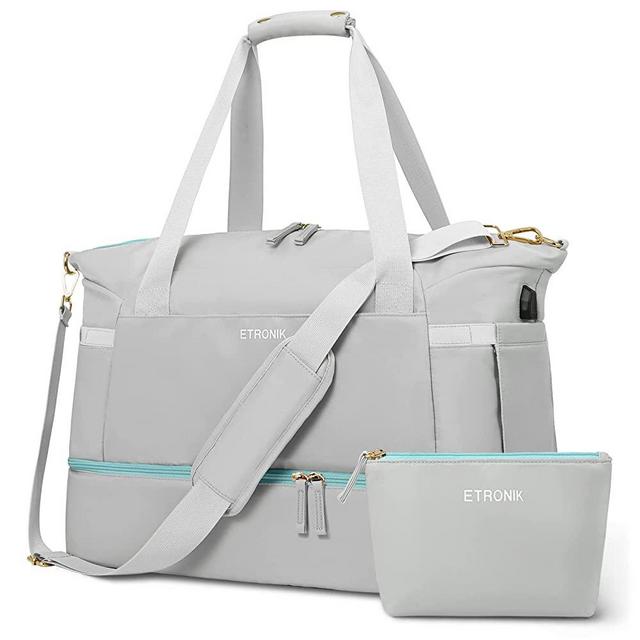 Gym Bag for Women, Sports Travel Duffel Bag with USB Charging Port, Weekender Overnight Bag with Wet Pocket and Shoes Compartment for Women Girls Travel, Gym, Yoga, School (Grey)
