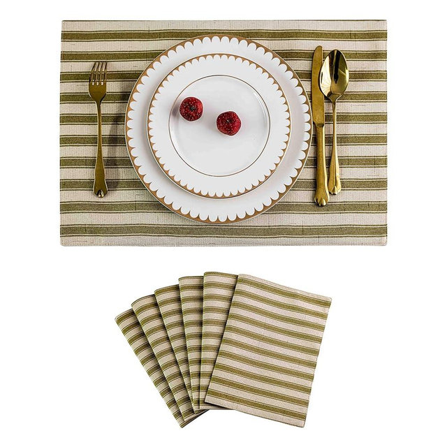Home Brilliant Placemats Set of 6 Heat Resistant Green Dining Table Place Mats for Kitchen Farmhouse Table, 13 x 19 inches, Stripes, Golden Olive