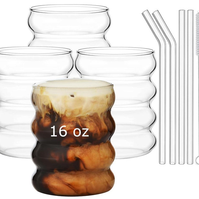 ALINK 16 oz Bubble Drinking Water Glasses Tumblers- Glass Cups Cute Ripple Shaped Vintage Ribbed Glassware- Cocktail,Soda, Juice, Coffee, Milk - Set of 4