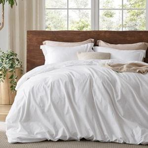 Bedsure 100% Washed Cotton Duvet Cover Queen Size - Bright White Minimalist Cotton Duvet Cover Linen Like for All Seasons - GentleSoft™ Plain Simple Bedding (Bright White, Queen, 90"x90")