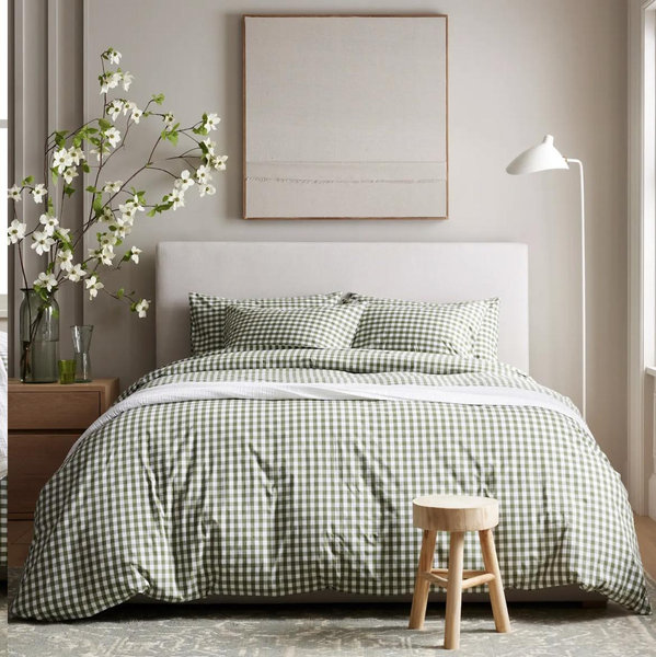Classic Organic Percale Gingham Duvet Cover - Olive, King/Cal King