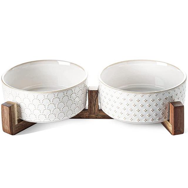 LE TAUCI Dog Bowls Ceramic, Dog Bowl Set with Acacia Wood Stand, 3 Cups Dog Food and Water Bowl for Small Medium Sized, Weighted Dog Dishes, Pet Bowls