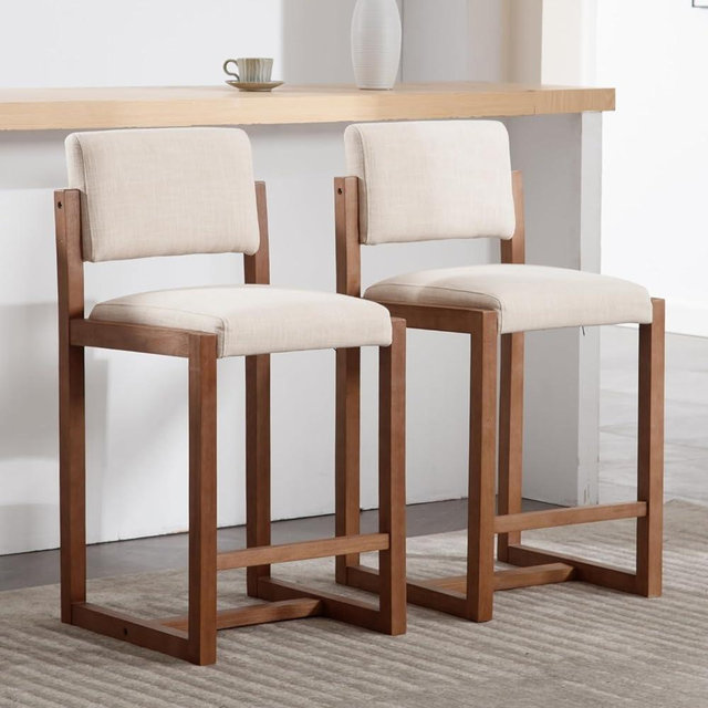 DUOMAY Modern Bar Stools Set of 2, 26" Counter Height Barstools, Linen Upholstered Kitchen Island Chair with Wood Legs for Home Bar Coffee Shop, Beige