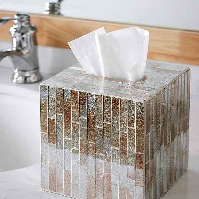 KMWARES Vertical Stripe Mosaic Glass Decorative Square Tissue Box Holder/Cover for Home Accent, Bathroom Accessories, Vanity, Countertop, Tabletop - Bright Amber Color (Tissue Box Holder only)