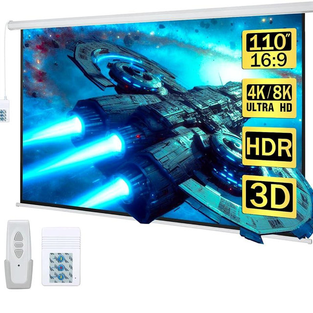 Kayle 110" Motorized Projector Screen Electric Diagonal Automatic Projection 16:9 HD Movies Screen for Home Theater Presentation Education Outdoor Indoor W/Wireless Remote, Wall/Ceiling Mount (White)