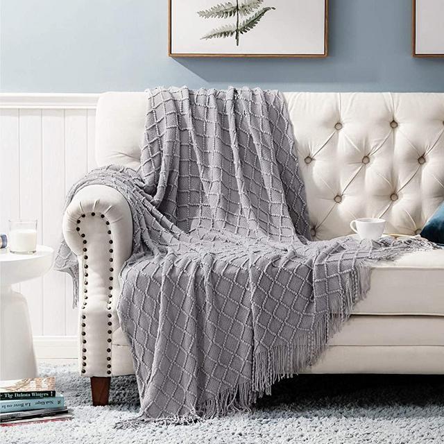 Bedsure 100% Acrylic Knit Twin Blanket, 60×80 Inch - Soft Warm Cozy Lightweight Decorative Blanket with Tassels for Couch, Bed, Sofa, Travel - All Seasons Suitable for Women, Men and Kids (Grey)