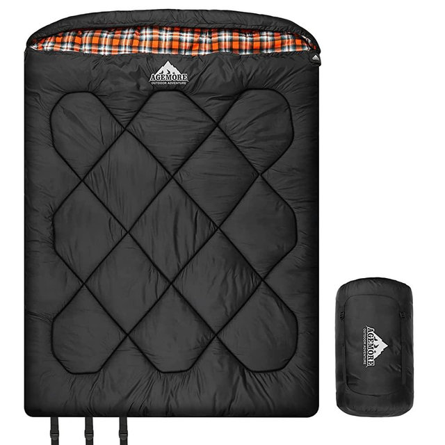 AGEMORE 0 Degree Double Sleeping Bag for Adults,Cotton Flannel Lined 2 Person Cold Weather Queen Size Sleeping Bag, Double Wide Warm Sleeping Bag for Family Winter Camping, Backpacking Or Hiking