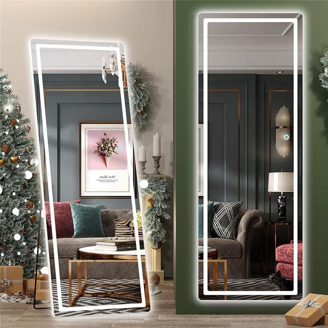 Hasipu Full Length Mirror with Lights, 65" x 22" Lighted Floor Standing LED Mirror Full Length, Full Body Mirror w/Dimming & 3 Color Lighting White