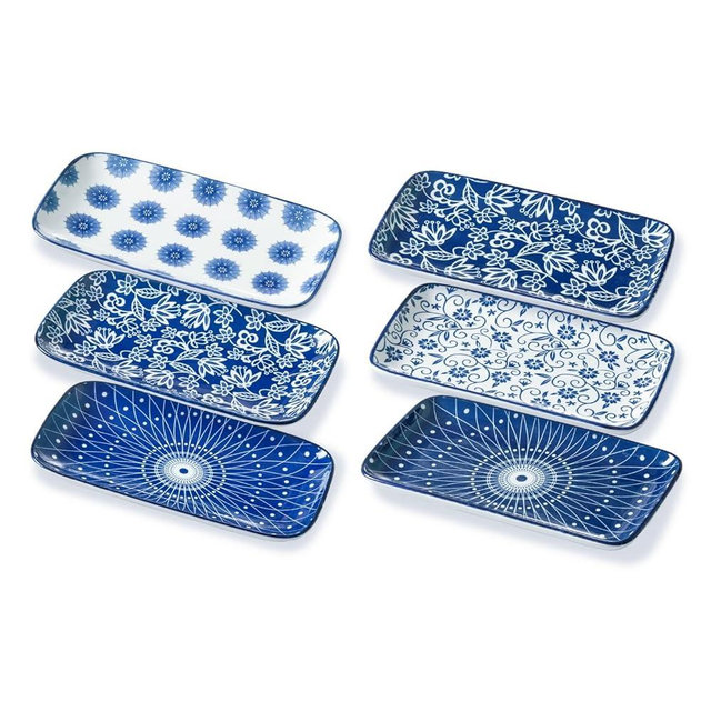 Gibsimi Rectangle Serving Plates Set - 8.3 Inch Rectangular Ceramic Dinner Dishes- Oven Microwave Dishwasher Safe - Porcelain Platter for Salad Appetizer Sushi Dessert - Set of 6 - Vintage Blue