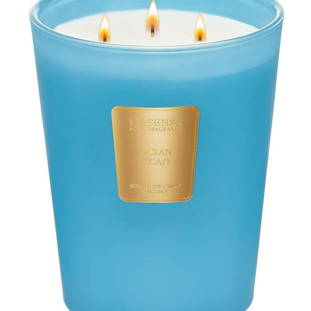 M&SENSE Ocean Escape Scented Candle Home Decor, Extra Large 3 Wick Natural Soy Wax Candles for Home Scented, Christmas Candles Gift for Winter Holiday, 150 Hours Long Lasting Slow Burning, 35 OZ
