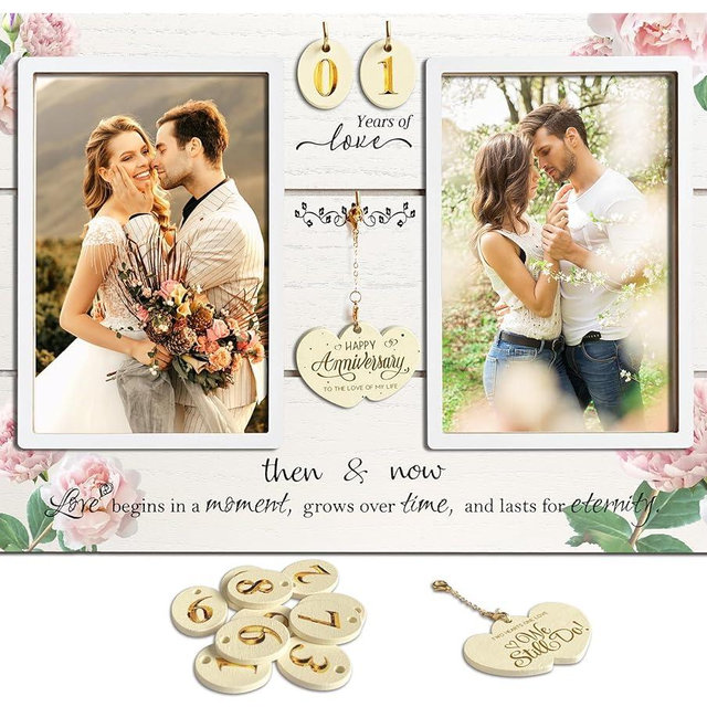 A'arkJ (1-99th) Wedding Anniversary Picture Frame, Anniversary Wedding Gift for Couple, Newlyweds. Engagement Gift for Her or Him. Then & Now Double Picture Frame (4”x6”)