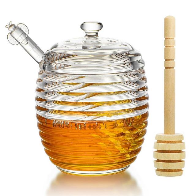 kanpura 9oz Glass Honey Dispenser,Glass Honey Jar with Dipper,Clear Crystal Glass Honey Pot for Home Kitchen,Store Honey and Syrup,Easy to Clean