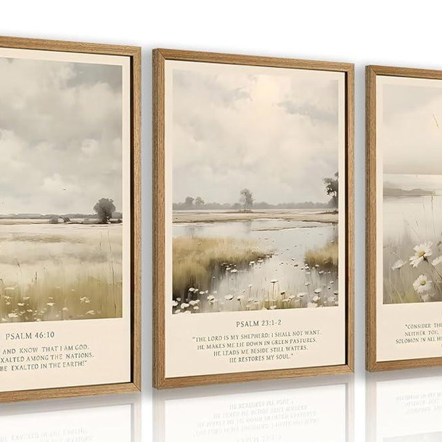 Cyebmo Christian Bible Verse Wall Art, Religious Wall Decor, Neutral Farmhouse Landscape Art Prints, Jesus Scripture Floral Canvas Painting for Church Prayer Room Hospitals Wood Framed 16"x24"x3
