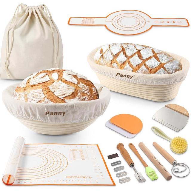 Panny Banneton Basket, Banneton Bread Proofing Basket with Liners, 9" Round & 10" Oval Sourdough Starter Kit, Sourdough Bread Baking Supplies, Bread Making Tools, Natural Rattan Proofing Bowls Baskets