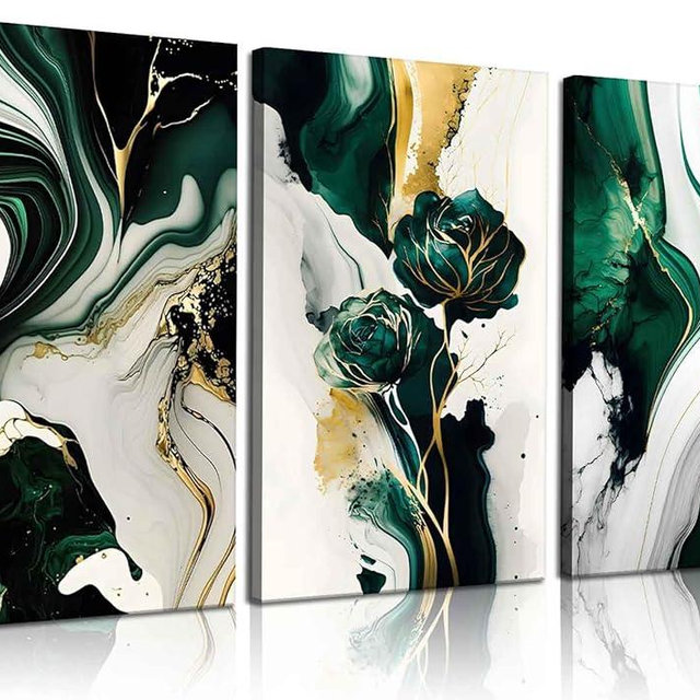 3Pcs Framed Emerald Green Wall Art, Modern Green and Gold Abstract Marble Canvas Wall Art Paintings Prints Posters Wall Decor Pictures for Living Room Bedroom Office Home Decoration, Ready to Hang