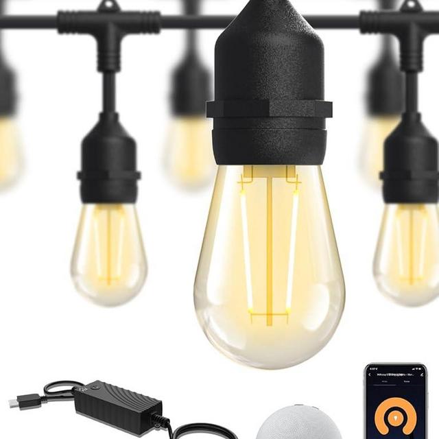 XMCOSY+ Smart Patio Lights 49Ft LED Outdoor String Lights Waterproof IP65, App Control, Compatible with Alexa, Dimmable Edison Bulbs Outdoor Light for Yard Porch Bistro Outside