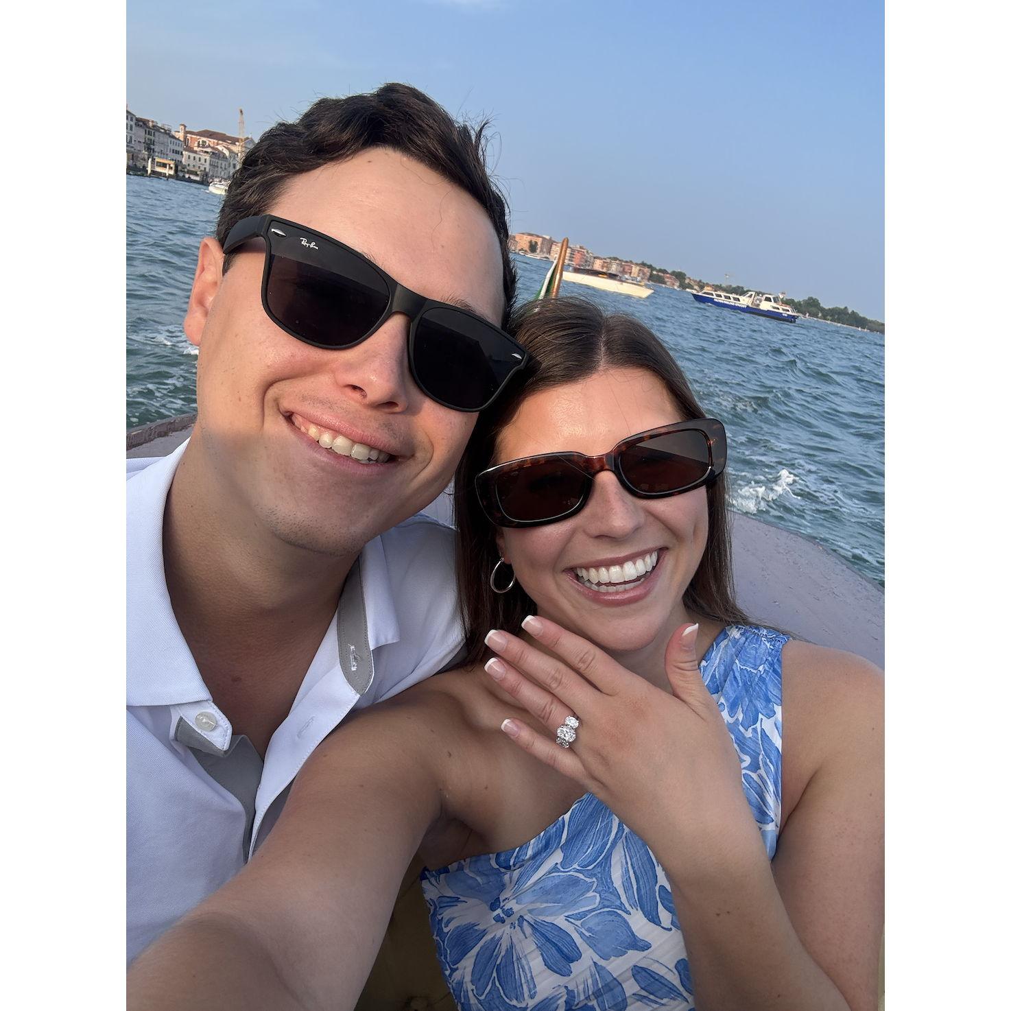 Right after Ty proposed on a private water taxi in Venice, Italy!