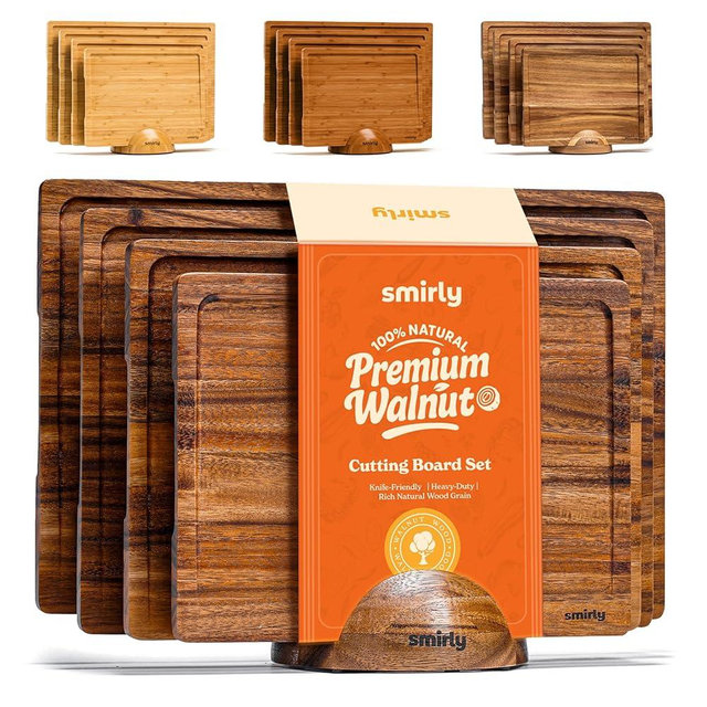 SMIRLY Walnut Wood Cutting Boards for Kitchen, Set of 4 Large - Small, Walnut Wooden Cutting Board Set with Deep Juice Grooves, Non Toxic Serving Tray