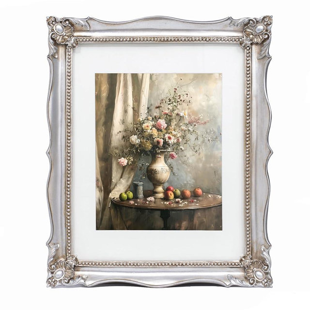 Saysmile 11x14 Vintage Picture Frame with Embossed Flower Design, Silver Ornate Frame for 11x14 or 8x10 Pictures with White Mat, Hand-Crafted Resin Antique Baroque Frames with Hook for Wall Mounting Display(Silver)
