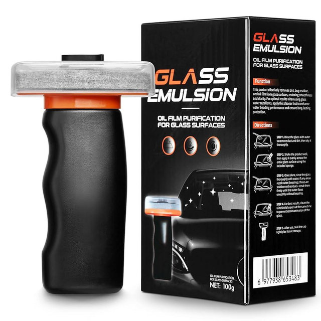 Glass Oil Film Remover for Car Windshield, Handheld Roll-On Glass Emulsion Cleaner with cleaning board, Removes Stubborn Oil Film & Grime for Improved Windshield Clarity for Safe Driving(3.5oz) (1PCS)
