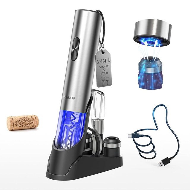 CIRCLE JOY Electric Wine Opener 7-in-1 Stainless Steel Rechargeable Electric Wine Bottle Opener Gift Set with Automatic Vacuum Pump, Foil Cutter, Wine Pourer, 2 Vacuum Stoppers & Charging Station